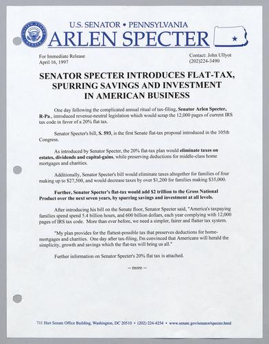 Senator Specter introduces flat tax, spurring savings and investment in American business