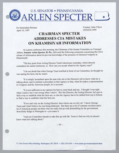Chairman Specter addresses CIA mistakes on Khamisiyah information