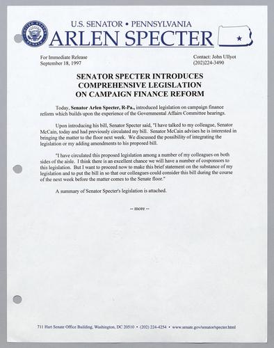 Senator Specter introduces comprehensive legislation on campaign finance reform