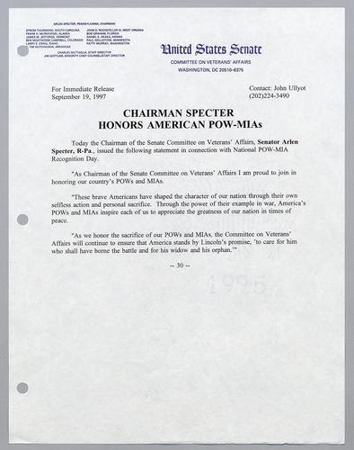 Chairman Specter honors American POW-MIAs