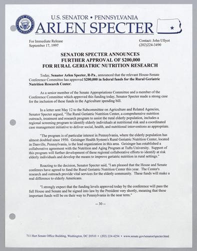 Senator Specter announces further approval of $200,000 for rural geriatric nutrition research
