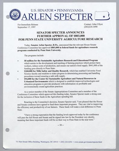 Senator Specter announces further approval of $803,000 for Penn State University agriculture research
