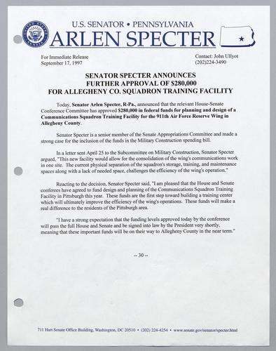 Senator Specter announces further approval of $280,000 for Allegheny County squadron training facility