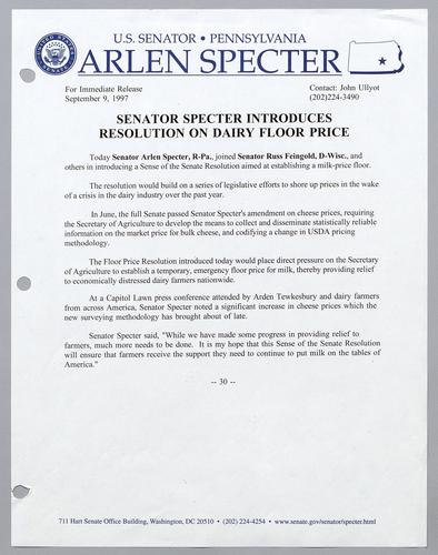 Senator Specter introduces resolution on dairy floor price