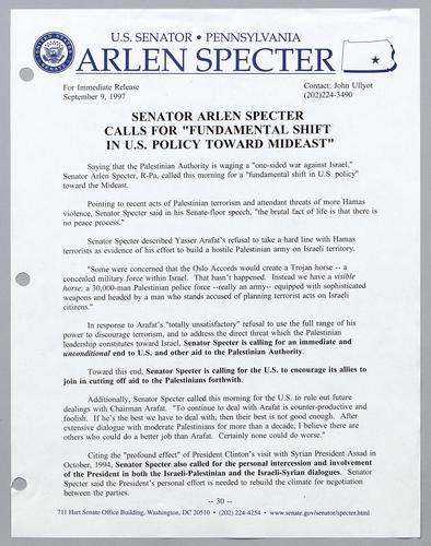 Senator Arlen Specter calls for "fundamental shift in U.S. policy toward Mideast,"
