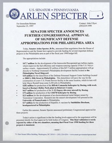 Senator Specter announces further Congressional approval of significant defense appropriations for Philadelphia area