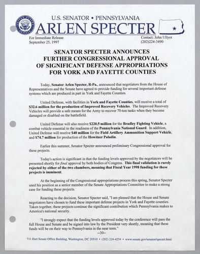 Senator Specter announces further Congressional approval of significant defense appropriations for York and Fayette Counties