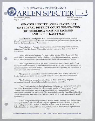 Senator Specter issues statement on federal district court nomination of Frederica Massiah-Jackson and Bruce Kauffman