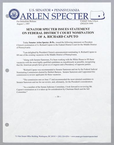 Senator Specter issues statement on federal district court nomination of A. Richard Caputo