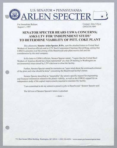 Senator Specter hears USWA concerns; asks LTV for "independent study" to determine viability of Pittsburgh coke plant