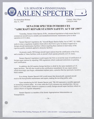 Senator Specter introduces "Aircraft Repair Station Safety Act of 1997,"