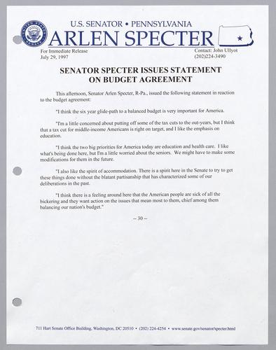 Senator Specter issues statement on budget agreement