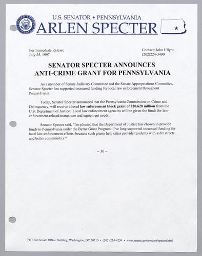 Senator Specter announces anti-crime grant for Pennsylvania