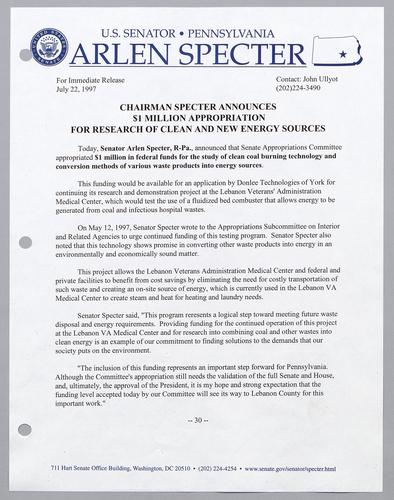 Chairman Specter announces $1 million appropriation for research of clean and new energy sources