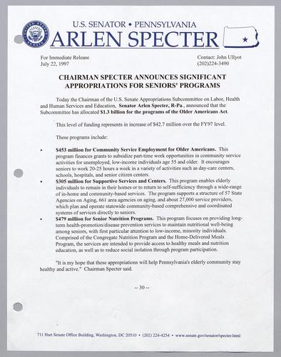 Chairman Specter announces significant appropriations for seniors' programs