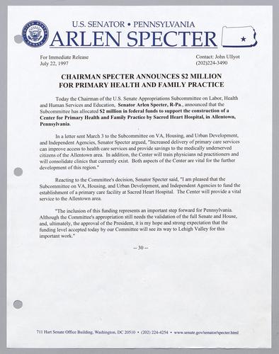 Chairman Specter announces $2 million for primary health and family practice