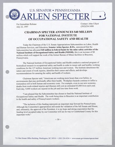 Chairman Specter announces $40 million for National Institute of Occupational Safety and Health