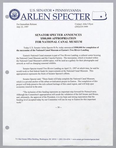 Senator Specter announces $500,000 appropriation for National Canal Museum