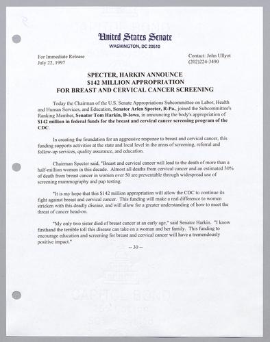 Specter, Harkin announce $142 million appropriation for breast and cervical cancer screening