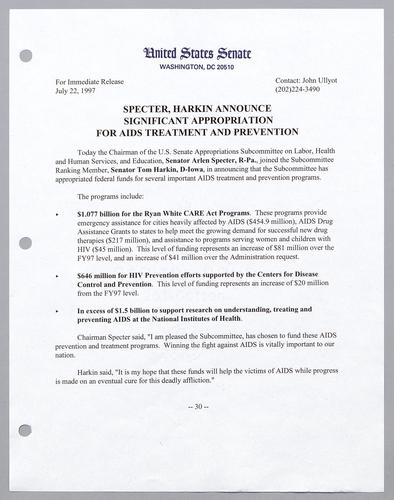 Specter, Harkin announce significant appropriation for AIDS treatment and prevention