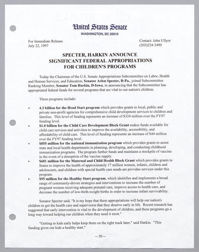 Specter, Harkin announce significant federal appropriations for children's programs