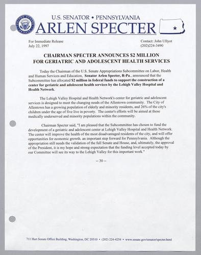 Chairman Specter announces $2 million for geriatric and adolescent health services