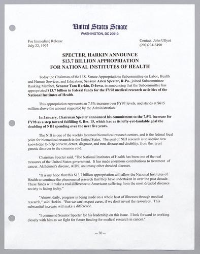 Specter, Harkin announce $13.7 billion appropriation for National Institutes of Health