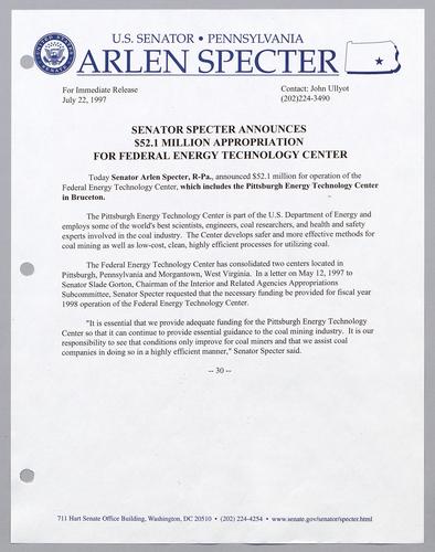 Senator Specter announces $52.1 million appropriation for Federal Energy Technology Center