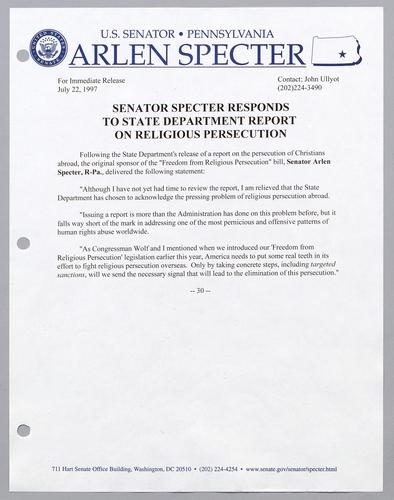 Senator Specter responds to State Department report on religious persecution