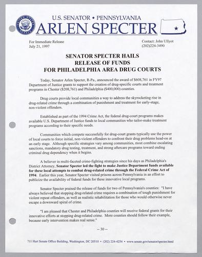 Senator Specter hails release of funds for Philadelphia area drug courts