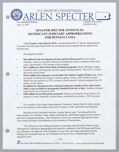 Senator Specter announces significant judiciary appropriations for Pennsylvania