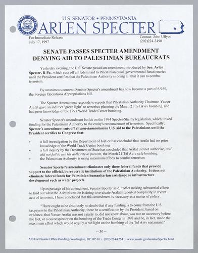 Senate passes Specter amendment denying aid to Palestinian bureaucrats