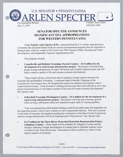 Senator Specter announces significant EPA appropriations for western Pennsylvania