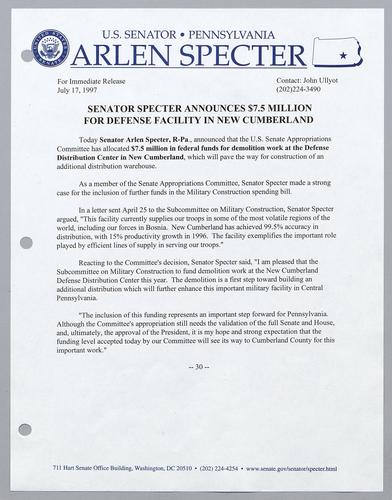 Senator Specter announces $7.5 million for defense facility in New Cumberland