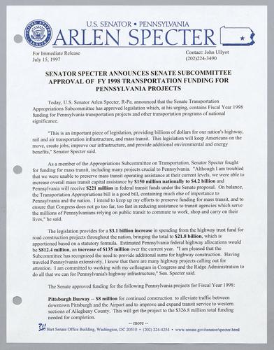 Senator Specter announces Senate subcommittee approval of fiscal year 1998 transportation funding for Pennsylvania projects