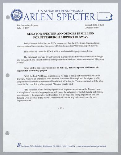 Senator Specter announces $8 million for Pittsburgh airport busway
