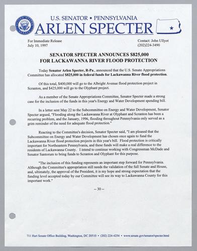 Senator Specter announces $825,000 for Lackawanna River flood control protection