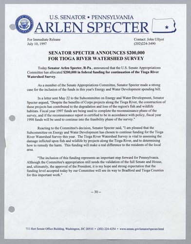 Senator Specter announces $200,000 for Tioga River watershed survey
