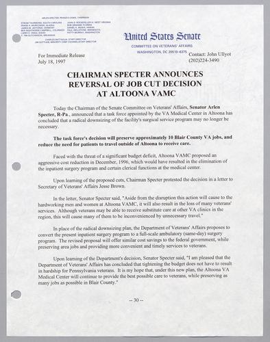 Chairman Specter announces reversal of job cut decision at Altoona VAMC