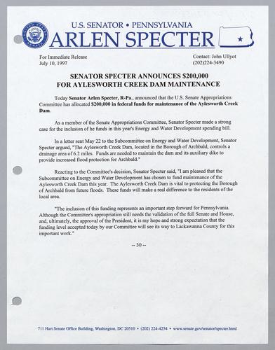 Senator Specter announces $200,000 for Aylesworth Creek dam maintenance