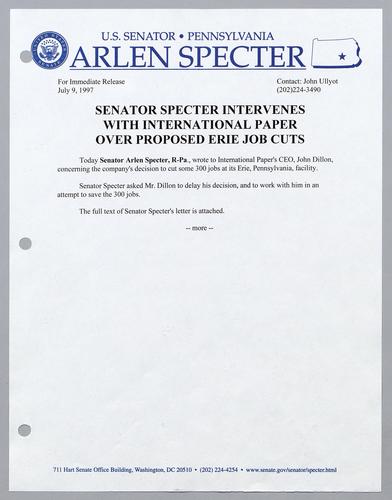 Senator Specter intervenes with International Paper over proposed Erie job cuts