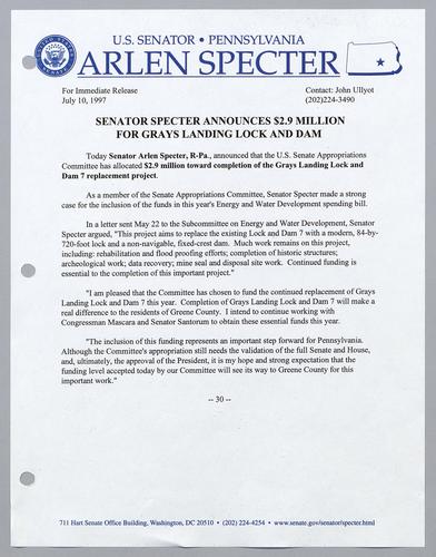 Senator Specter announces $2.9 million for Grays Landing Lock and Dam