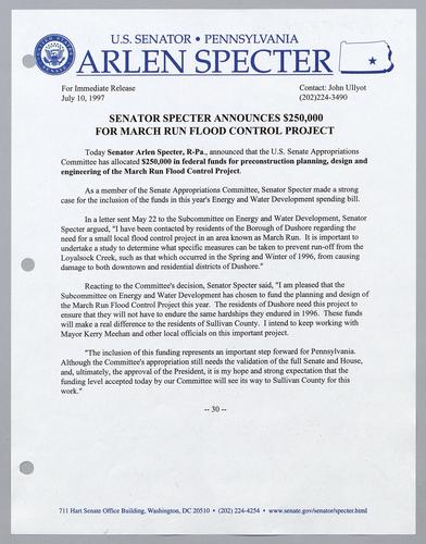 Senator Specter announces $250,000 for March Run flood control project