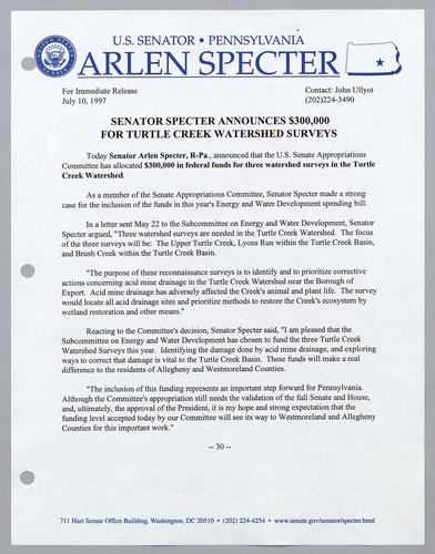 Senator Specter announces $300,000 for Turtle Creek watershed surveys