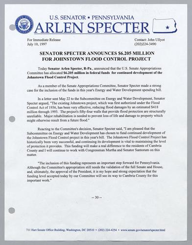 Senator Specter announces $6.205 million for Johnstown flood control project
