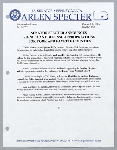 Senator Specter announces significant defense appropriations for York and Fayette Counties