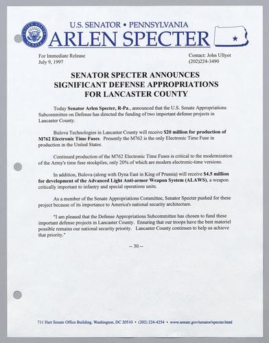 Senator Specter announces significant defense appropriations for Lancaster County
