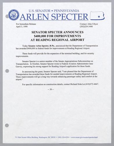 Senator Specter announces $400,000 for improvements at Reading Regional Airport