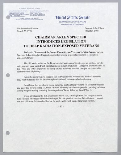 Chairman Arlen Specter introduces legislation to help radiation-exposed veterans