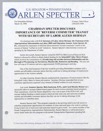 Chairman Specter discusses importance of "reverse commuter" transit with Secretary of Labor Alexis Herman